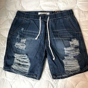 JW Signature Destroyed Denim Long Drawstring Shorts L